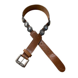 VTG. Brighton Western Leather Belt Brown Silver Medallion Boho Italy Granola